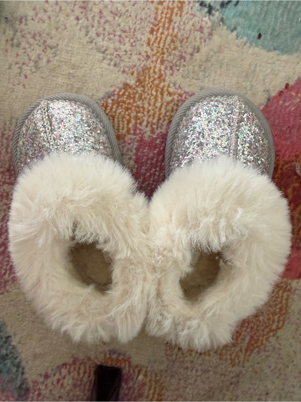 Target Glitter Faux-Fur Kids Slippers - Silver and Cream
